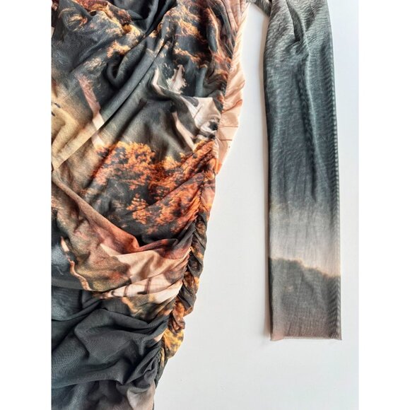 ZARA Grey Beige Landscape Print Mesh Long Sleeve Ruched Maxi Dress, Size M - Picture 10 of 16